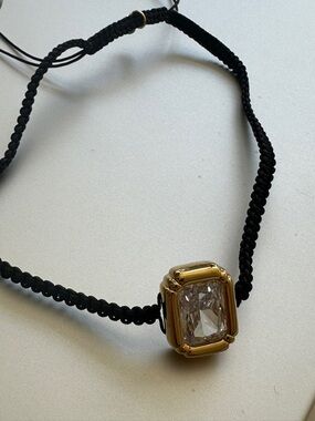 Fedoma Choker Black Cord Necklace with Gold Setting and Clear Stone